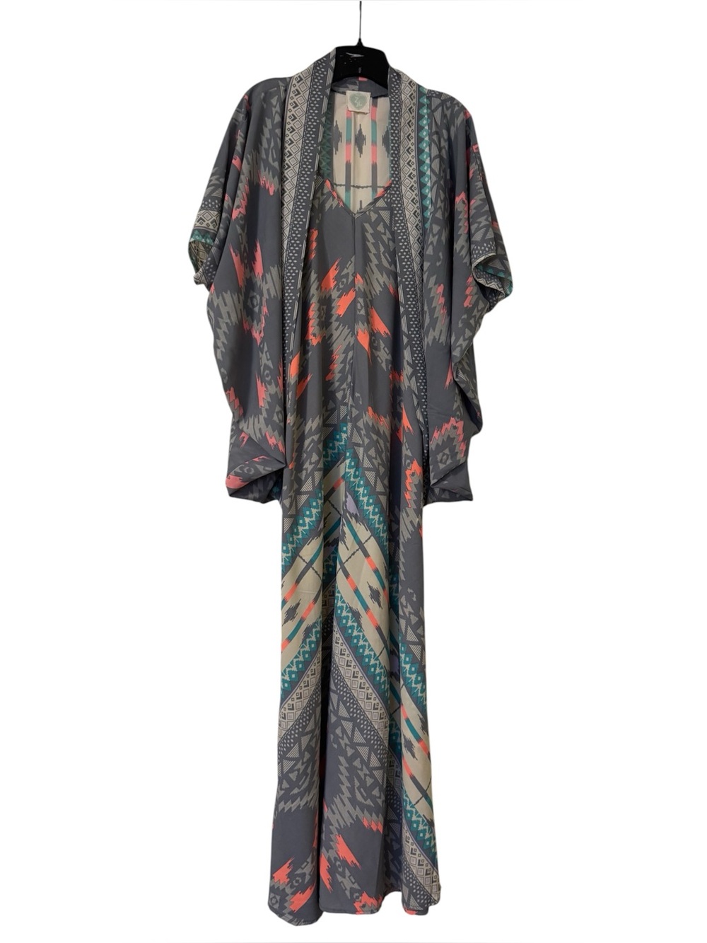 Z & L Europe 2-Piece Maxi Dress and Kimono Set Geometric Southwestern Gray M